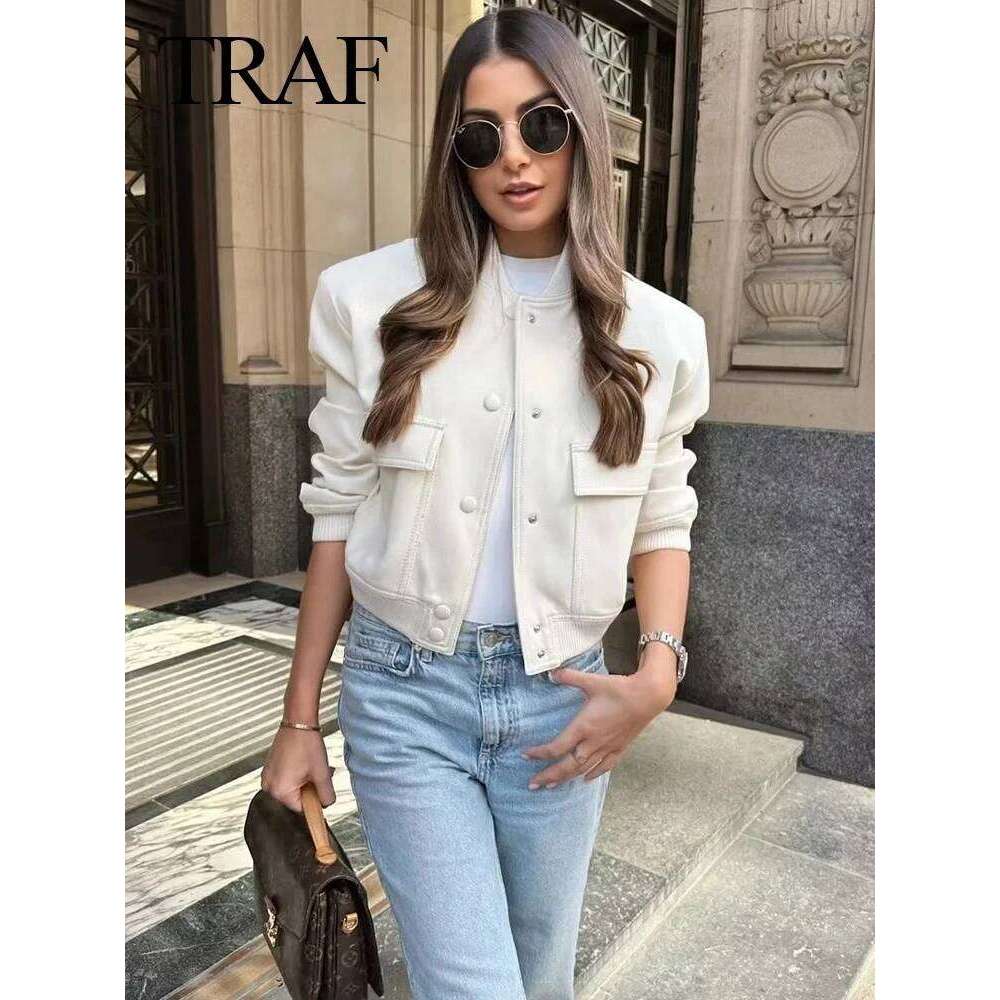 TRAFZA Women Vintage Solid Long Sleeve Bomber Jacket Casual Coats Streetwear Female Elegant Lapel Zipper Jakcet