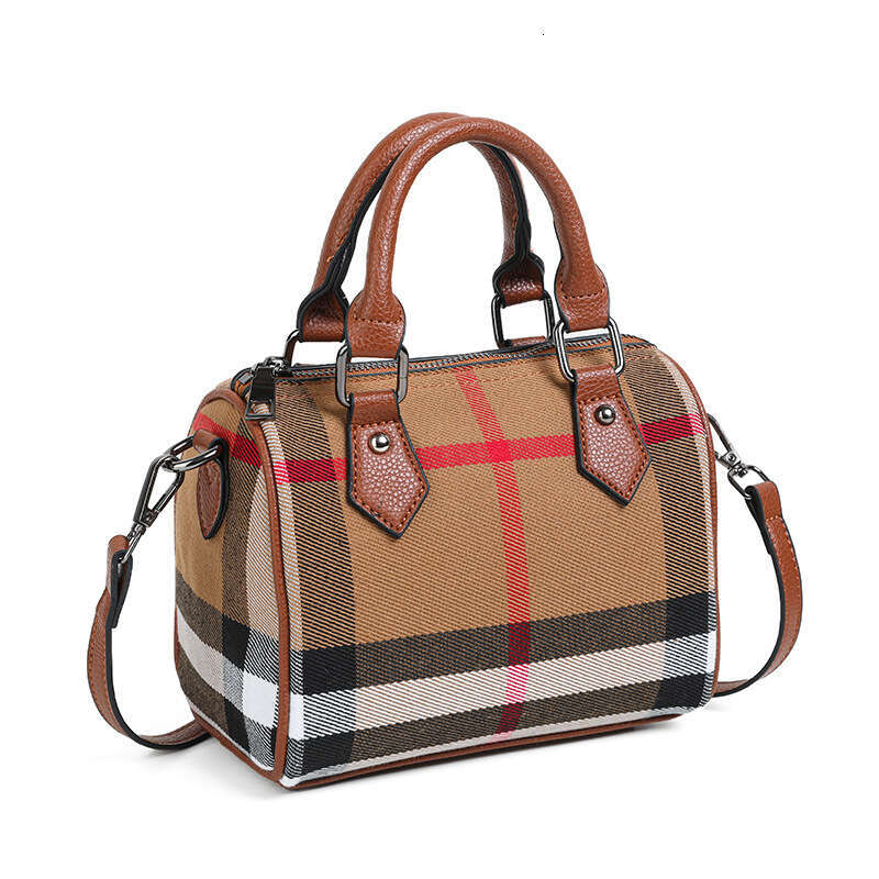 Canvas Plaid Genuine Leather Boston Pillow High-End Fashion Versatile Handbag Stylish Single Shoulder Crossbody Women's Bag