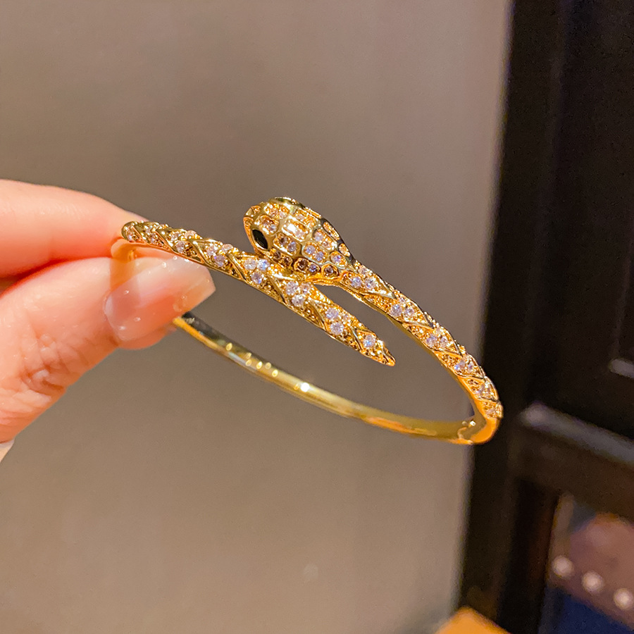 Gold Tone Snake Shaped Bangle Bracelet Pave Crystal Accents Edgy Party Jewelry And Gift For Her High Quality And Stylish Design