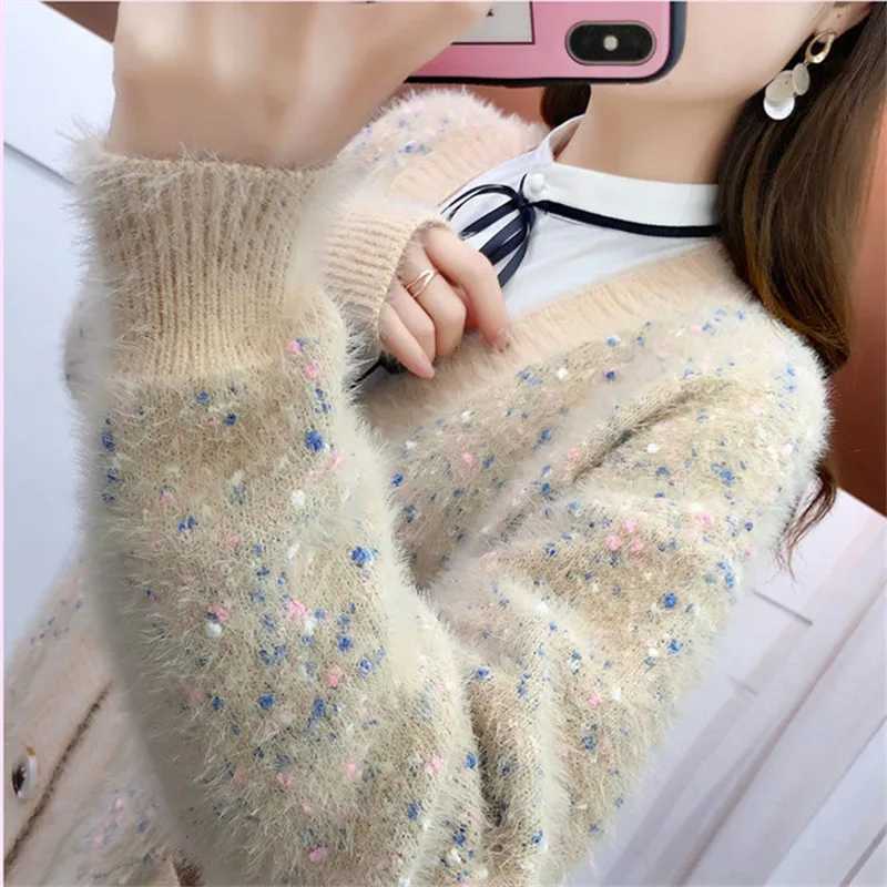 2025 Autumn And Winter New Imitation Mink Knitted Cardigan Women Korean V-Neck Long Sleeve Pockets Loose Knitwear Sweater W725 X250724
