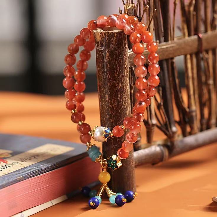 New Chinese Style Nanhong Tassel Bracelet Versatile Elegant with Imitation Pearl Cloisonne Accessories Multi loop Design Unisex