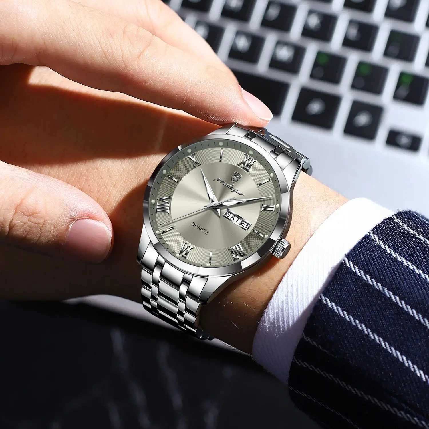 POEDAGAR Luxury Fashion Men Clock Waterproof Luminous Week Date Sports Mens Wristwatch Stainless Steel Mens Quartz Watches Reloj W250724