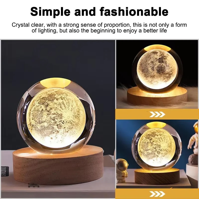 Luminous Crystal Ball LED Night Light Solar System 3D Moon Table Lamp USB Bedroom Atmosphere for Birthday Kid Gift 250716