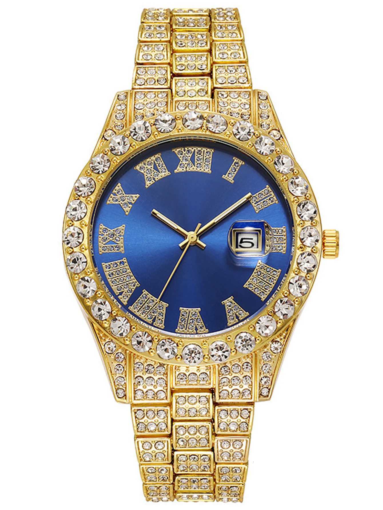 3PCS luxury alloy full diamond rhinestone mirror mens quartz watch with calendar and Hip Hop Cuban Necklace bracelet set W250724