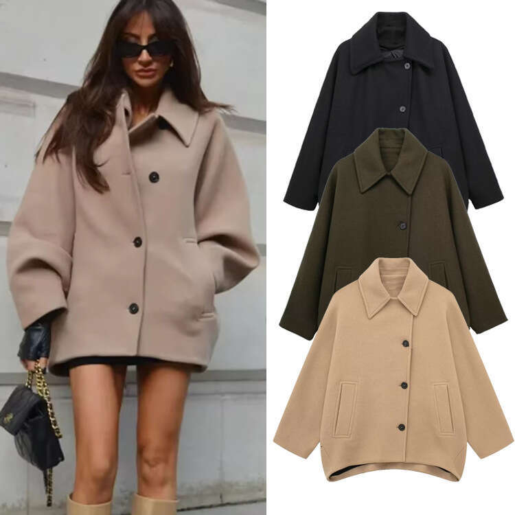 Autumn Winter New Women's Wool With Turn-Down Collar Loose Shearling Coat B5