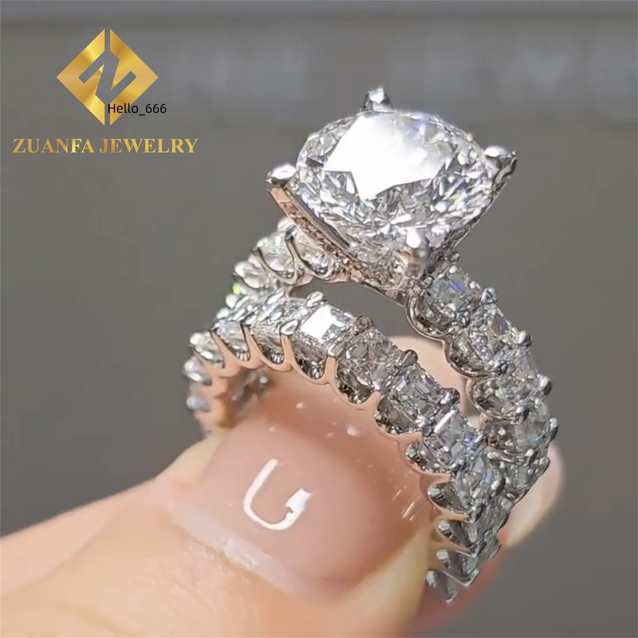 Customized Wedding Ring Round Cut +Asscher Cut Luxury Design Half Moissanite Band 10K White Gold Engagement Ring Custom Design