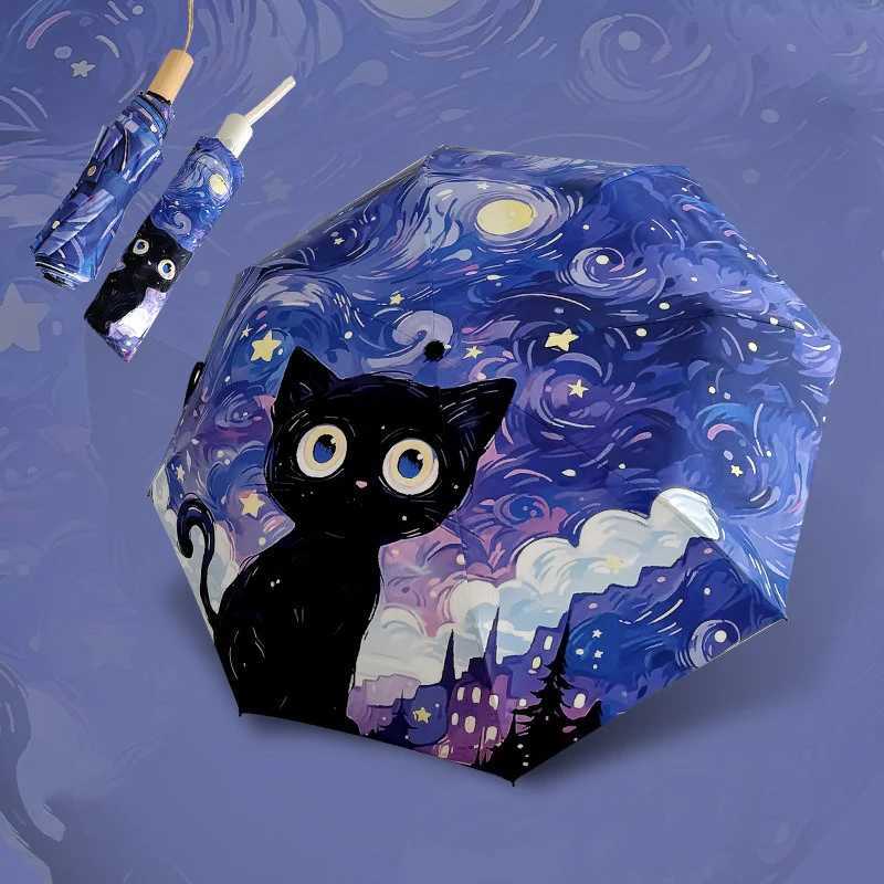 Blue Green Purple Powder Cat Cartoon Fold Umbrella Fully Automatic Umbrella Womens Dual-Purpose Sun Umbrella Portable Umbrella R250724