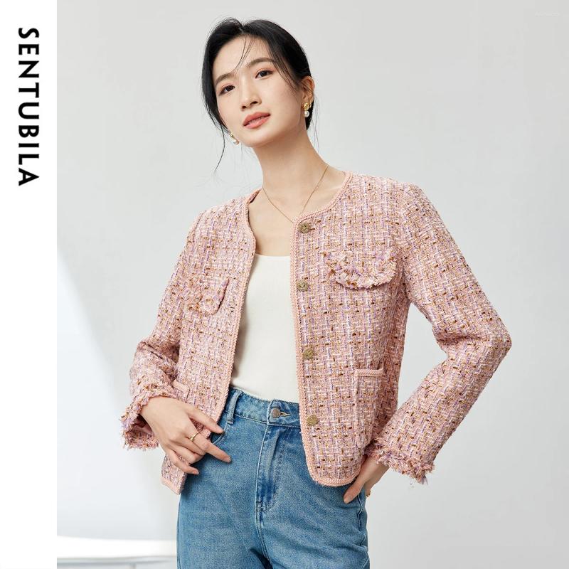 Women's Jackets SENTUBILA Elegant Jacket For Women Cotton 2025 Winter Straight Texture Tweed Metal Single Breasted Pink Coat