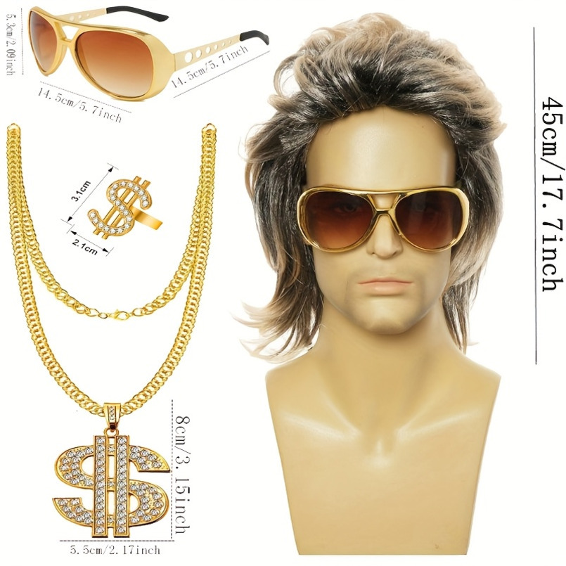 Punk Rock Hip Hop Trend, Dollar Ring, Necklace, Glasses Four-Piece Set, Fashion Wig, Disco Style, Parties, Dance, Suitable for All Genders, Beige, Fes