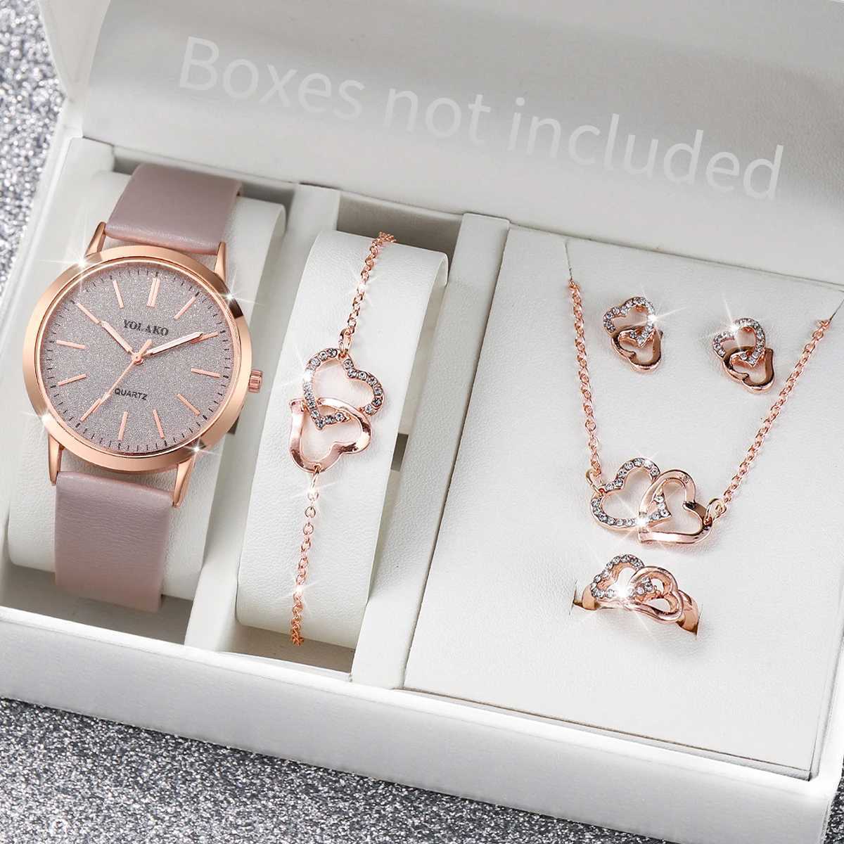 6pcs/set Women Leather Band Quartz Watch and Lover Heart Rose Gold Color Jewelry Set W250724