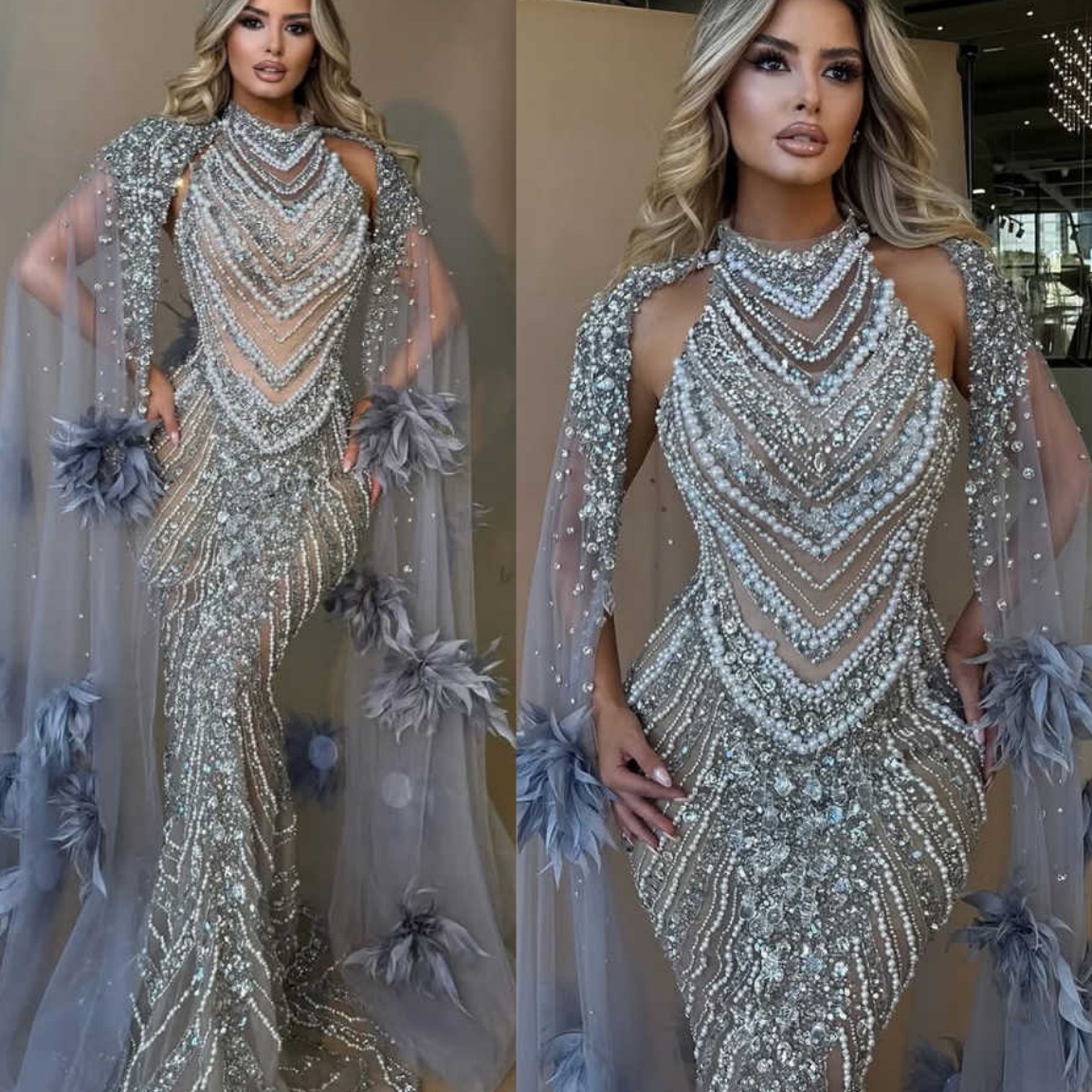 Caramel Color Prom Dress High-End Hanging Neck Long Sleeve Fish Tail Solo Evening Gown Slimming Long Dress for Art Exam Vestido De Noite