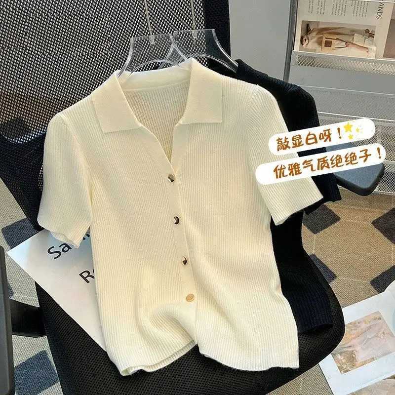 Womens Clothing Chic Polo-neck Knit Short Sleeve T-shirt Summer Casual Loose Thin All-match Cardigan Lady Solid Breathable Tops X250724