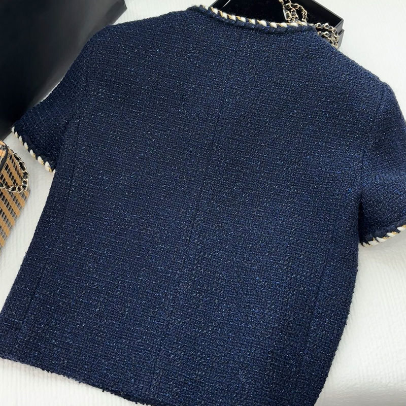 Chan Ladies Tweed Woven Cropped Jacket - Designer Round Neck Short Sleeve Coat, Single Breasted Y2K Clothing S0756