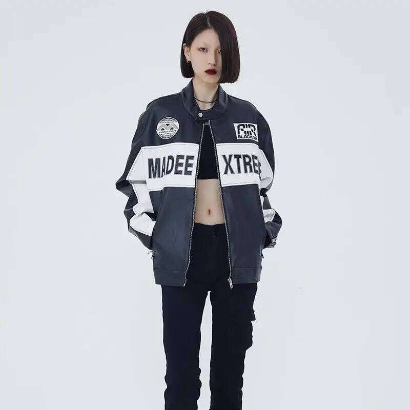 Women's Wear High Street American Retro Color Blocked Embroidered Motorcycle Leather For And Women Hip Hop Jacket Men Clothing