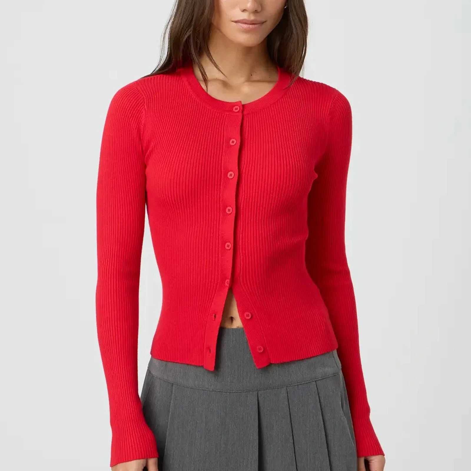 2020 Womens Y2K Button Down Crop Pullover Cardigan Plain Round Neck Long Sleeve Knitted Autumn Tops Streetwear Knitted Crop Cardigan X250724