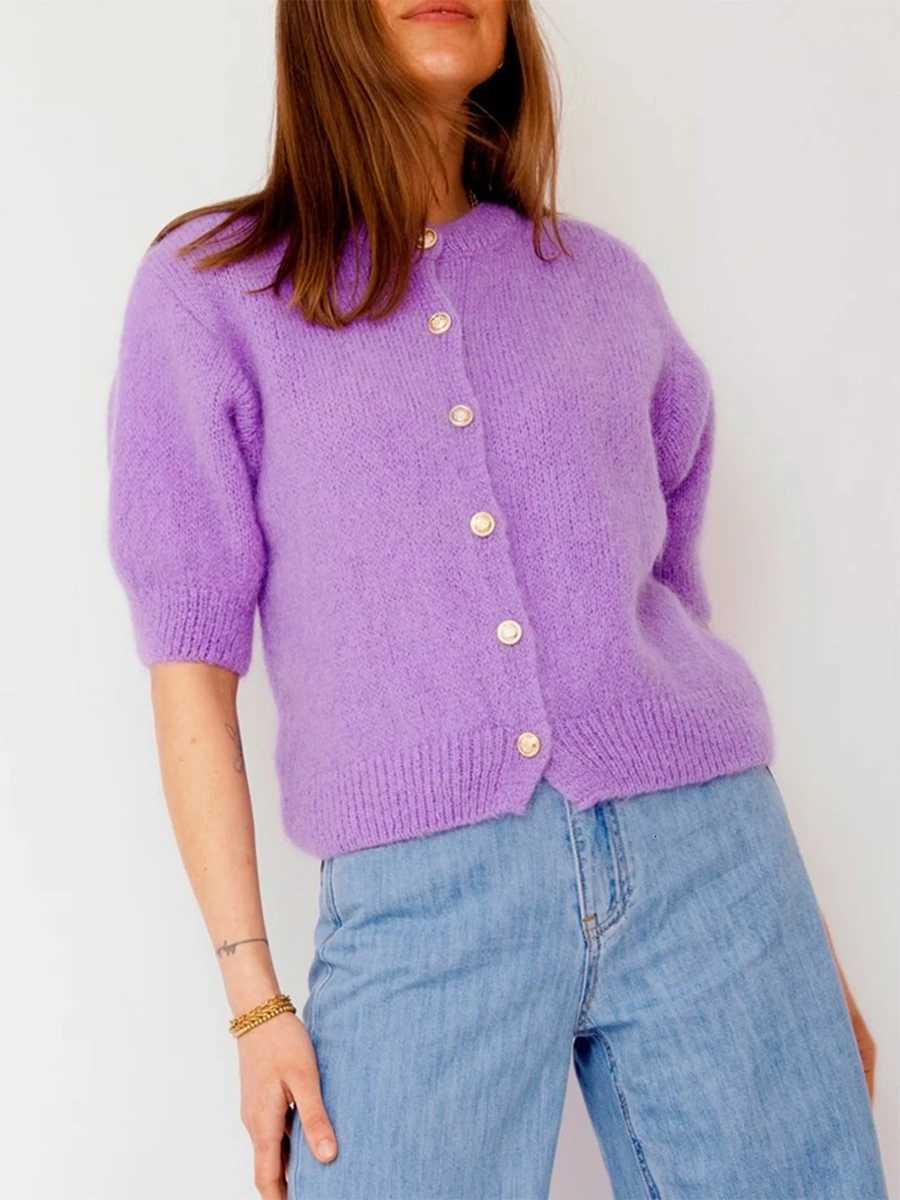 Women Autumn Sweater Cardigan Half Sleeve O Neck Button Up Solid Color Knitwear Female Casual Slim Soft Fall Coat for Streetwear X250724