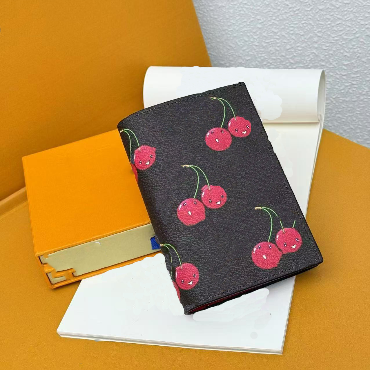 2025 high-quality luxury designer fashion cherry passport wallet women's handbag credit card wallet embossed envelope wallet with box dustproof bag
