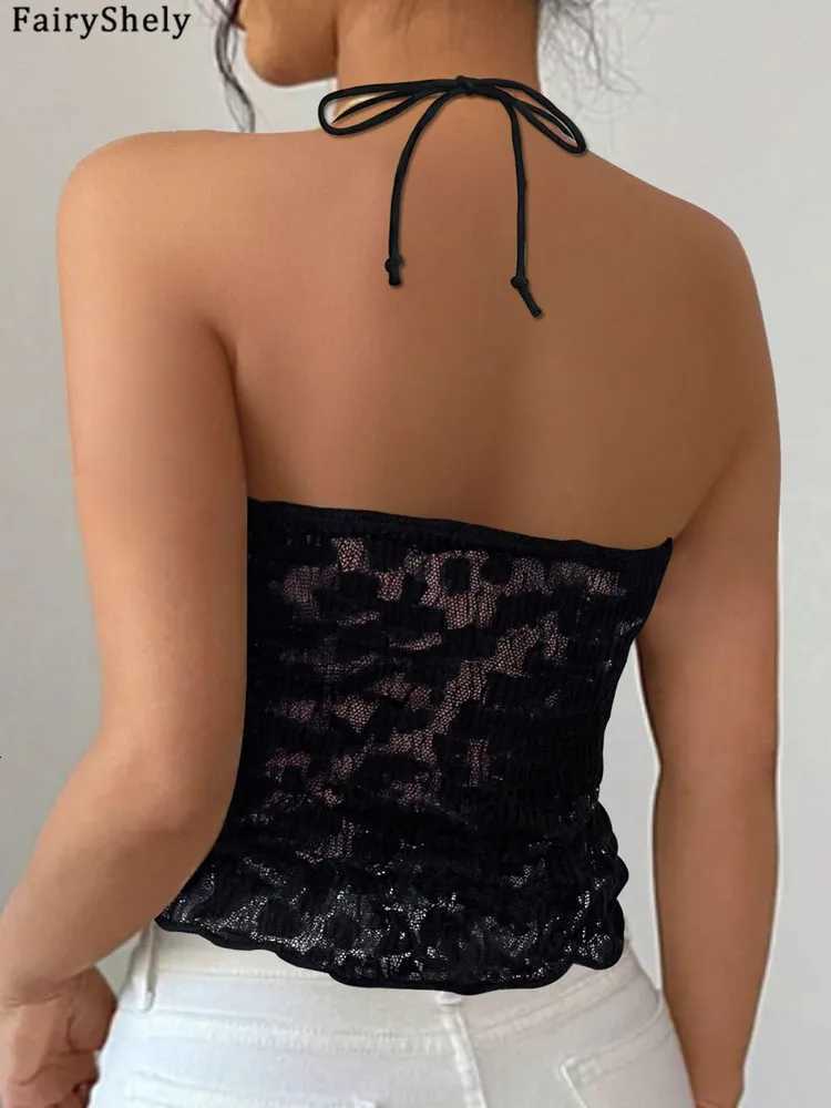 2025 Fairyshely Sexy Female Summer Solid Halter Top Women Lace V Neck Bodycon Strap Vest Sleeveless Off Shoulder Club Tops W250724