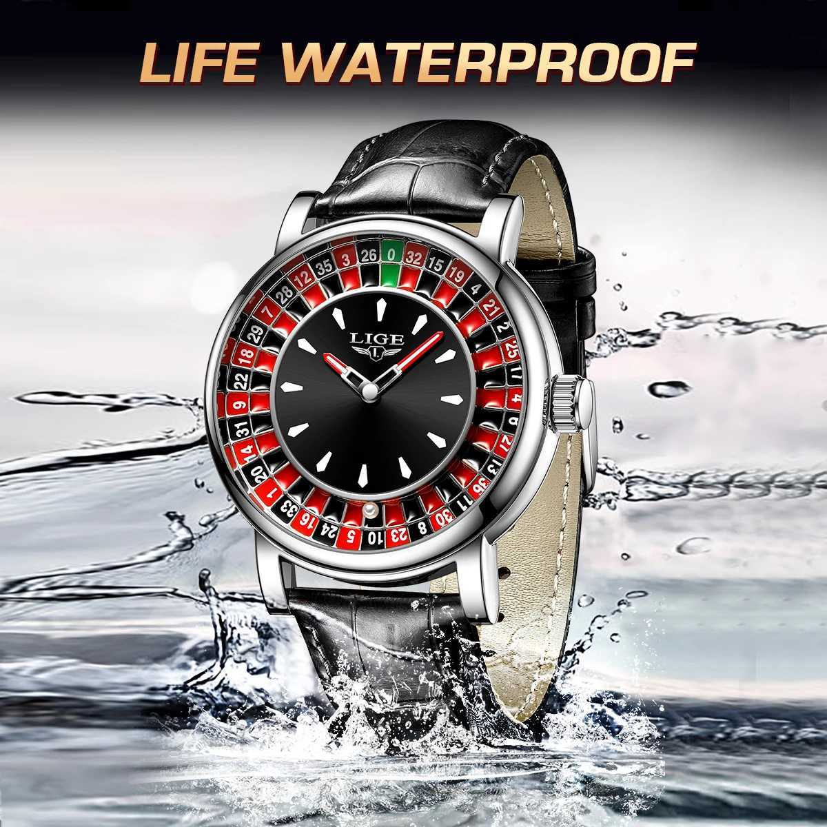 LIGE Quartz Mens Watch Fashion Luxury Creative Roulette Game Dial Design Leather Casual Life Waterproof Watches for Men Gifts + Box W250724