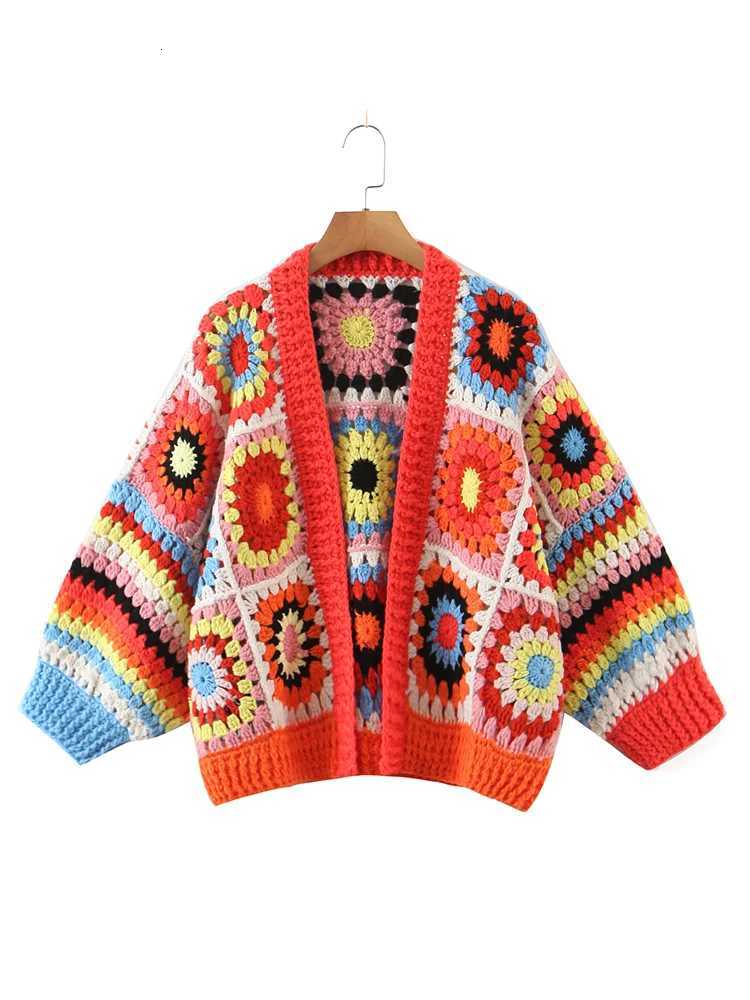 Boho Geometric Plaid Handmade Crochet Cardigan for Women V Neck Long Sleeve Sweater Open Stitching Knitwear Holiday Jumper X250724