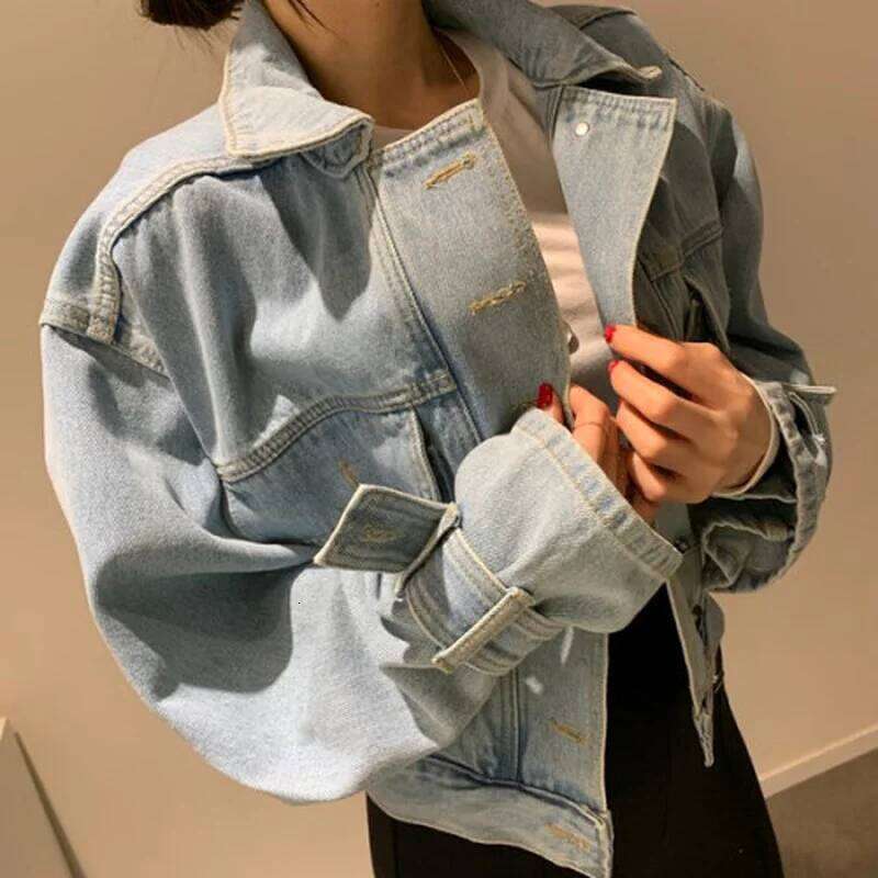 Fall New Fashion Casual Denim Coats Turn-down Collar Single Breasted Crop Jackets Women Chic Patchwork Long Sleeve Outwears