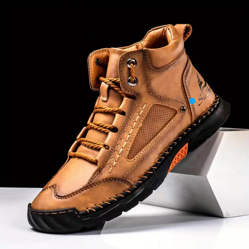 Large Size PU Leather Men's Fashion Hand-stitched Ankle Boots Flat Lace-up Casual Shoes