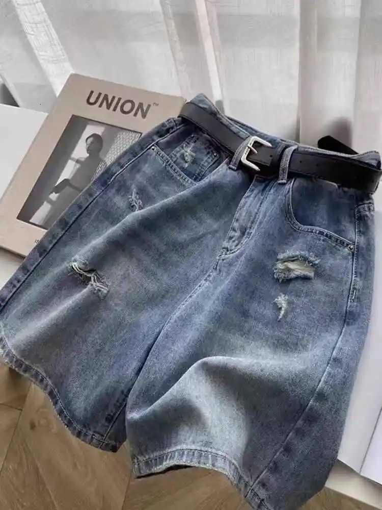 S-4XL Holes Women Short Denim Pants 2025 New High Waist Summer Wide Leg Pants Zipper Fly Casual Female Jeans Shorts Z250724