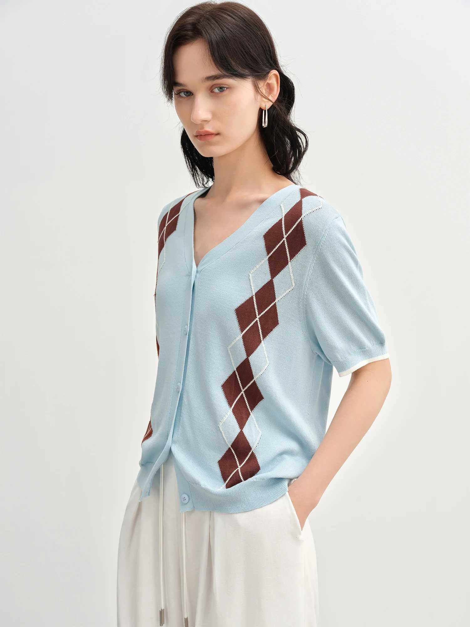 2025 Summer Womens Diamond Knit Cardigan - Fresh Preppy-Inspired Color Blocking Quick Comfort Short Sleeve X250724