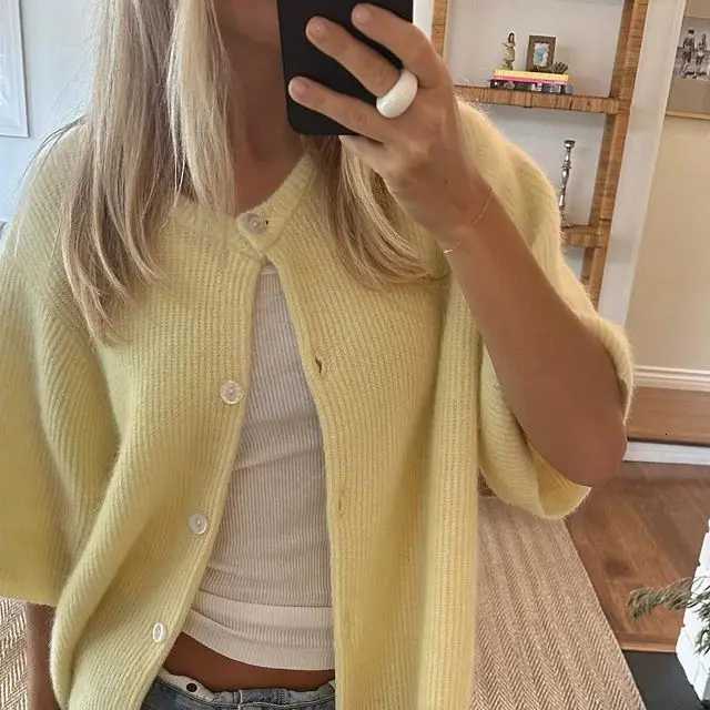 100% Cotton Yarn Y2K Vintage Loose Fit Button Up Knitted Sweater Women Short Sleeve Cardigans X250724