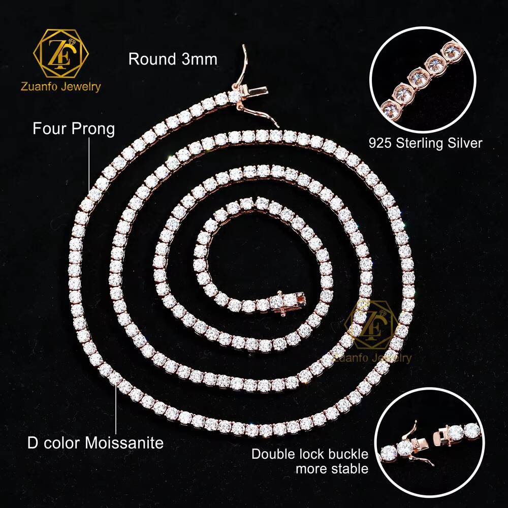 Top Sale Rose Gold Color Moissanite Link Chain Necklace Men Women 925 Silver Hiphop Jewelry VVS Moissanite Tennis Chain