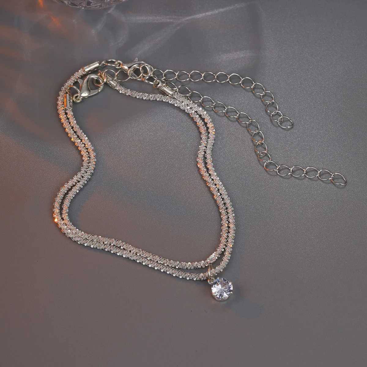Shiny Silver Color Fashion Zircon Pendant Anklets for Women Girls Two Layers Chain Multi-Layer Beach Foot Jewelry Crystal Gift S250723