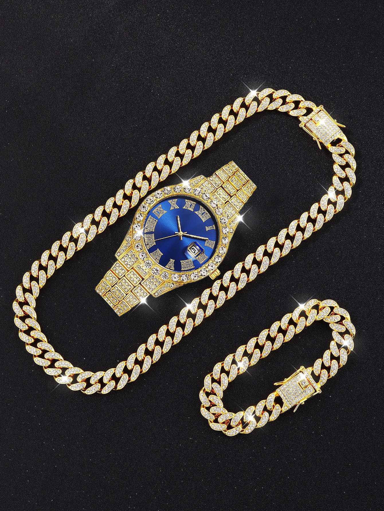 3PCS luxury alloy full diamond rhinestone mirror mens quartz watch with calendar and Hip Hop Cuban Necklace bracelet set W250724