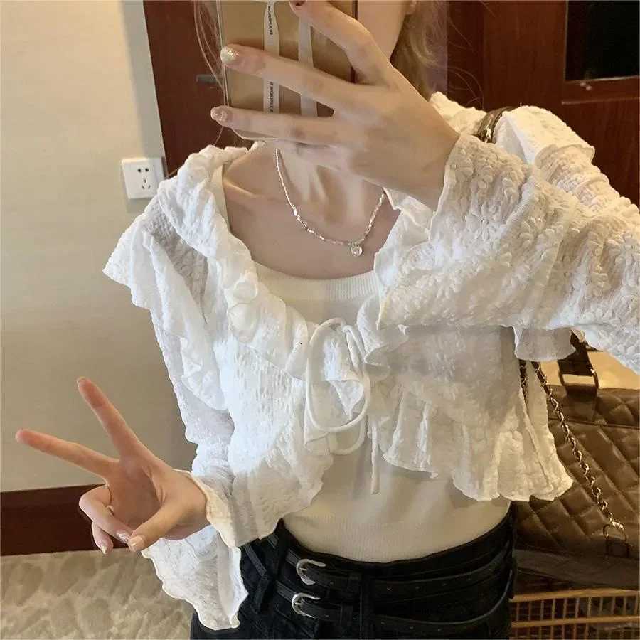 French Swt Ruffles Women Thin Cardigan Summer Lace Patchwork Chiffon Cropped Top Fashion V Neck Lace Up Sun Protection Blouse X250724