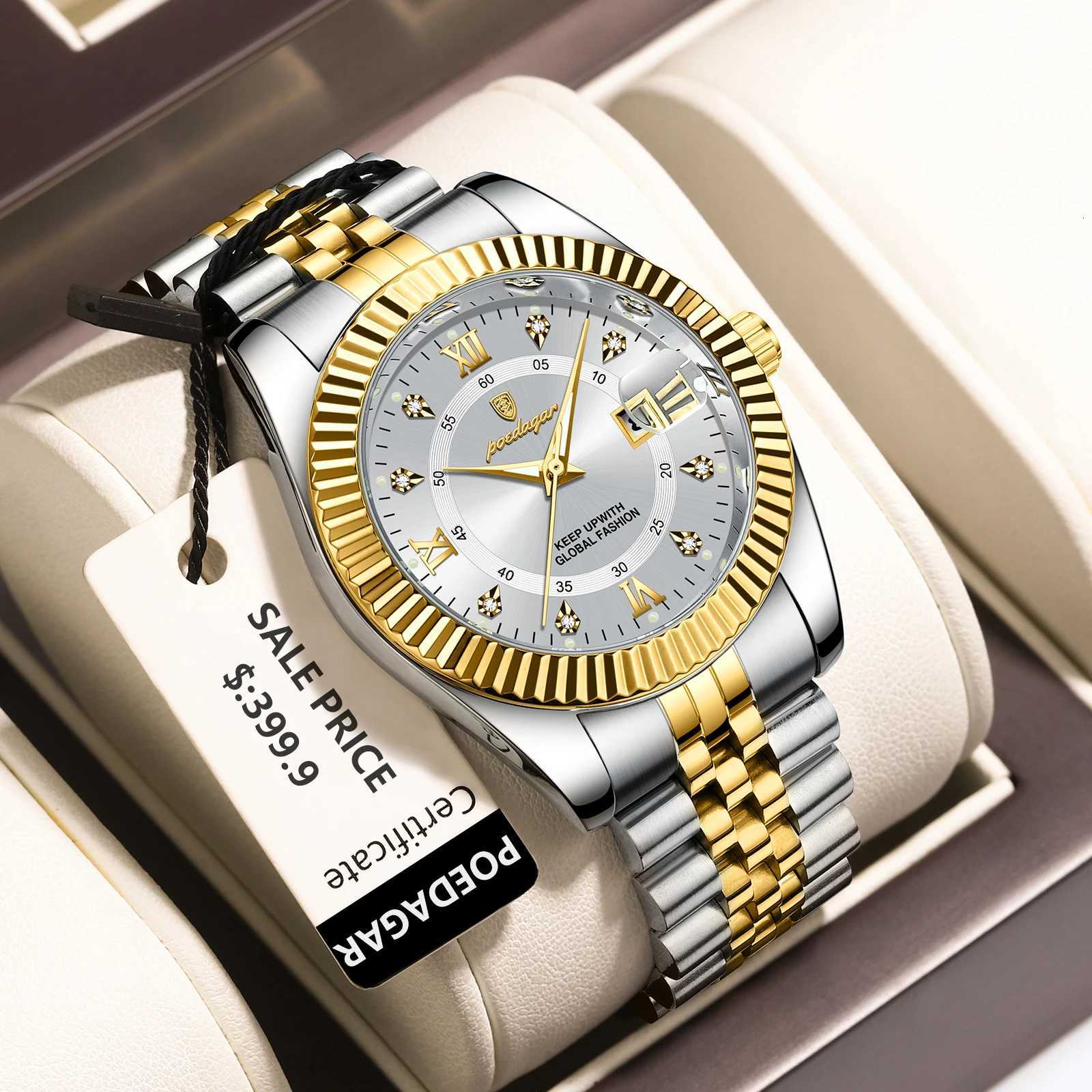POEDAGAR Luxury Business Mens Wristwatch Waterproof Luminous Date Military Mens Watch Stainless Steel Fashion Mens Quartz Watches W250724