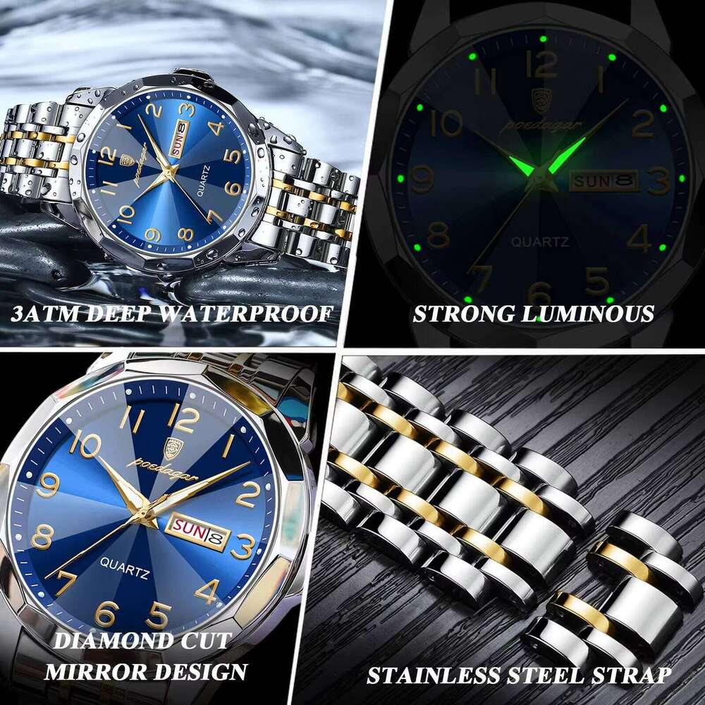 DHgargets POEDAGAR Men Watch Sport Waterproof Luminous Date Week Quartz Men's Watches Business Stainless Steel Male Clock Reloj