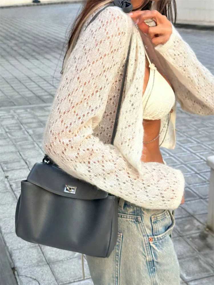 2025 Tossy Summer Knitwear Hollow Out Cardigan for Women Long Sleeve Casual Cropped Top Patchwork S-Through Knit Cardigan Outerwear X2507241