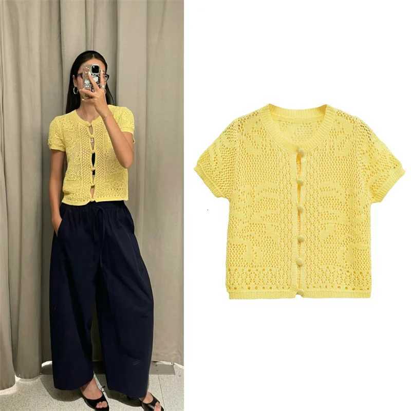 2025 New Yellow Knitted Short Sleeve Cutout Design Cardigan for Women Summer Casual Fashion Personality Versatile X250724