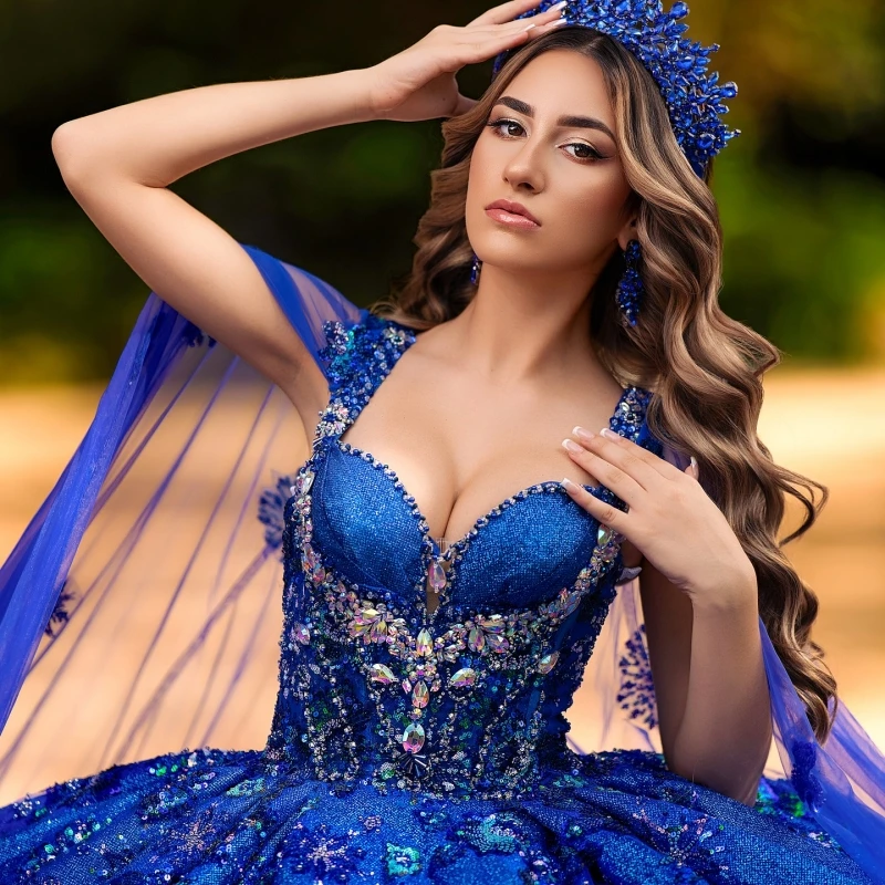 Royal Blue Shiny Quinceanera Dresses Off Shoulder Ball Gown Sweet 16 Dress Sequin Applique Lace Beads With Cape Tull Vestidos 15 Anos