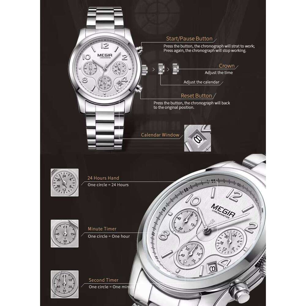 MEGIR Women's Fashion Chronograph Watch - Stainless Steel, Waterproof, Date, 38mm - Bulk Wholesale
