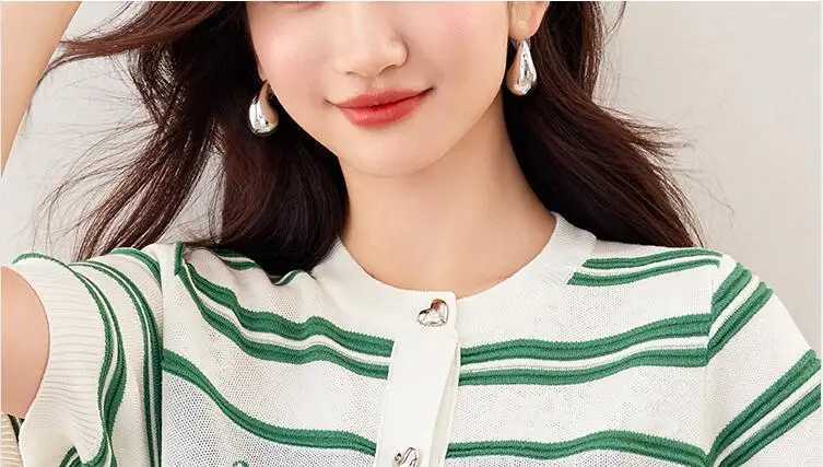 Women Summer Short Sleeve Striped Cardigan Sweater Classic Striped O-Neck Knitted Cardigan Fashion Loose Single Breasted Top X250724