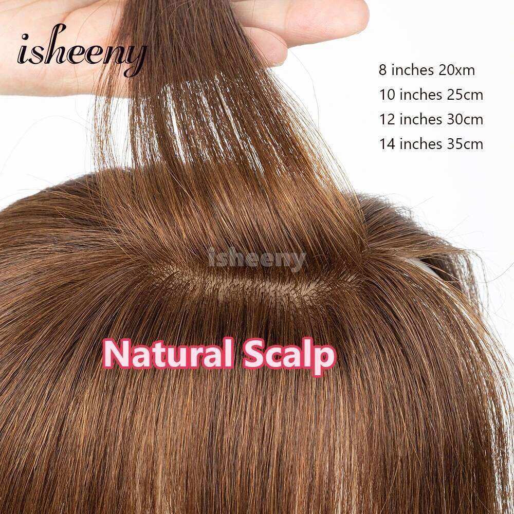 isheeny 7x11cm Brown Human Topper 8-14 inches Natural Seamless Scalp Hair Pieces No Bangs Middle Part for Women
