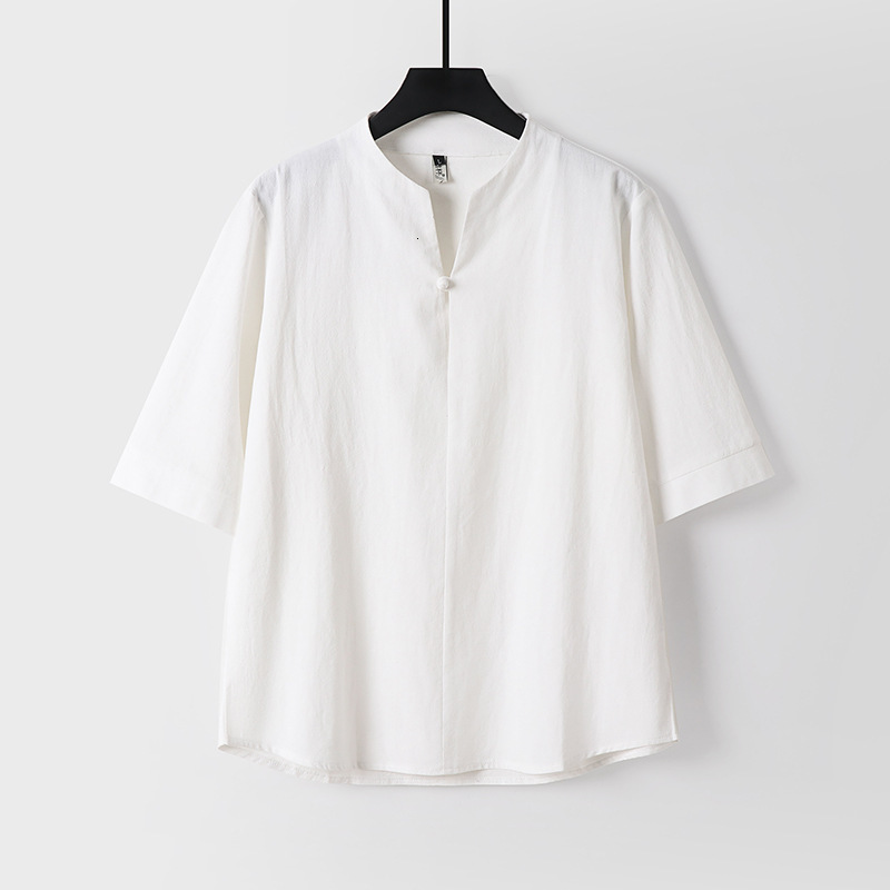 Plus Size Linen for Men, Summer Chinese Style, Cotton Linen, Half Sleeve, Button Down, V-Neck, Men's 3/4 Sleeve T-Shirt