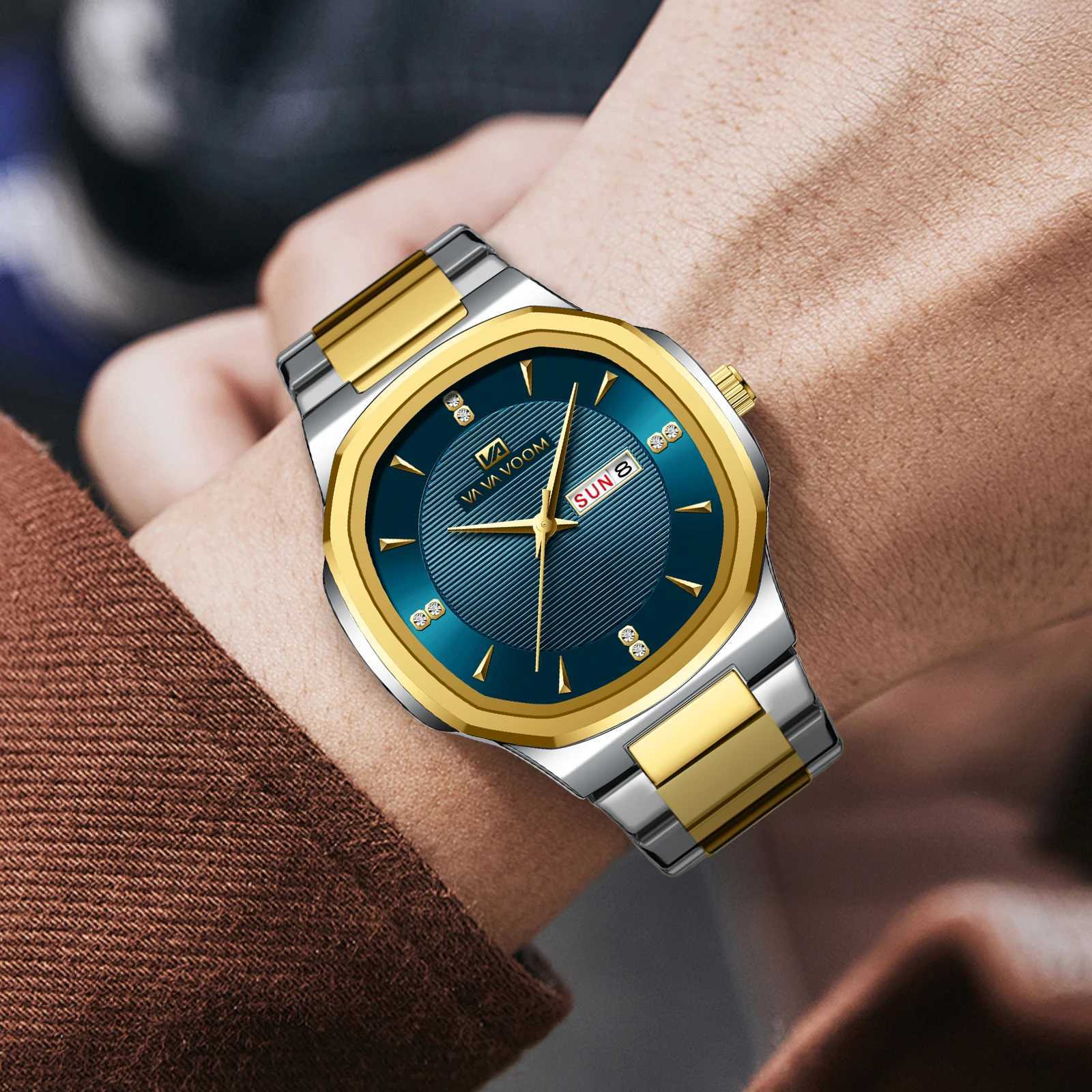 VA VOOM Brand Men Rhinestone Watches Gold Luxury Stainless Steel 3Bar Waterproof Quartz Movement 41mm Business Watch for Men W250724