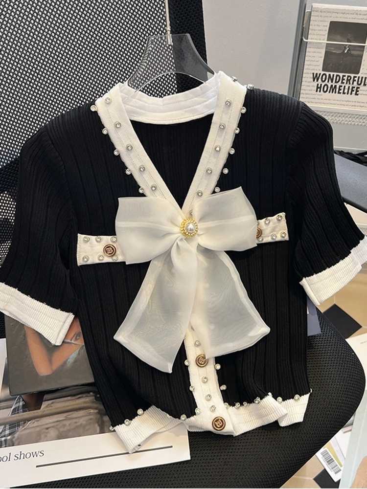 2025 New Summer Fashion Women Bow V Neck Single-Breasted Knitted Short Sweater Patchwork Color NailDiamond Cardigan Tops Female X250724