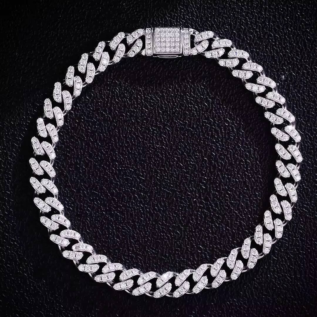 925 Silver Plated White Gold Moissanite Cuban Bracelet Necklace Wide 8mm Hip Hop Cuban Chains Fine Jewellery Ice Chain