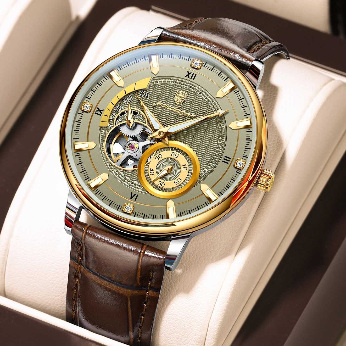 POEDAGAR Sports Luxury Men Clock Waterproof Luminous Man Watch Hollow Tourbillon Automatic Mechanical Leather Mens Watches Male W250724