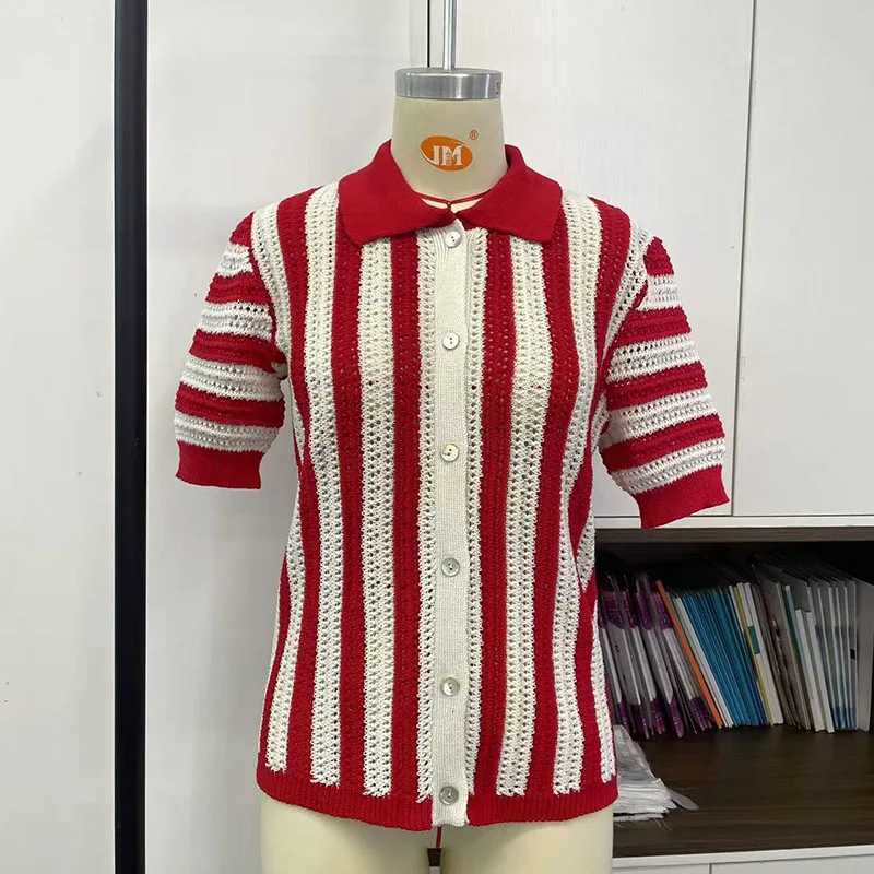 Elegant Lapel Short Sleeve Loose Shirts Casual Single Breasted Hollow Tops Early Autumn New Stripe Contrast Color Knit Cardigans X250724