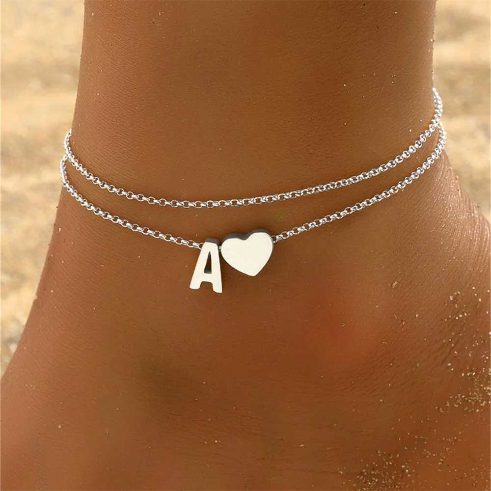 Boho 26 Letters A-Z Stainless Steel Chain Anklets For Women Simple Heart Ankle Bracelet Anklet Beach Jewelry Summer Accessories S250723