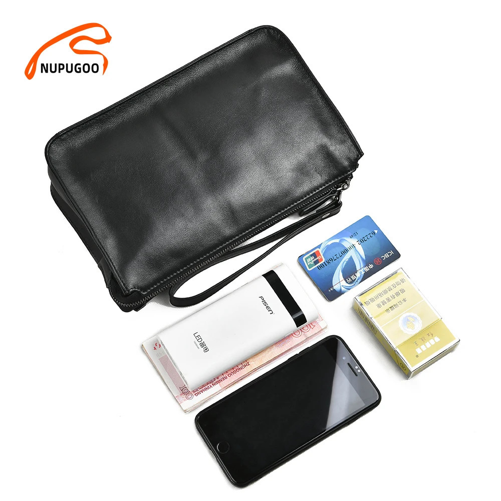 NUPUGOO Business Men Clutch Bag Genuine Leather Black Casual Large Capacity Purses High Quality Wallet Man Bag For 7.9 Inch Ipad 250723