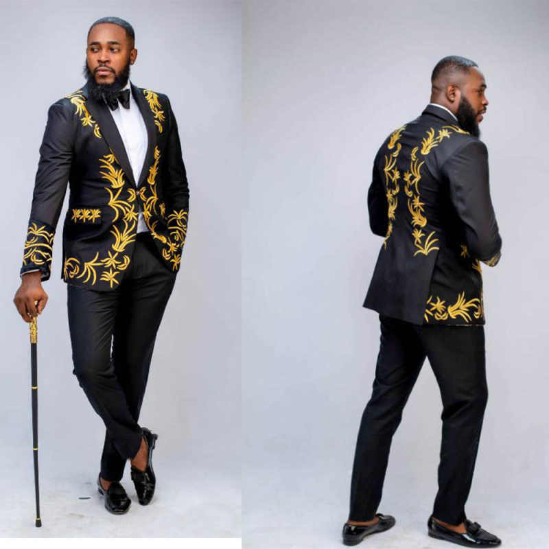 Gentleman Tuxedos Gold Appliques 2 Pieces Groom Wear Mens Banquet Birthday Party Formal Wear Customized